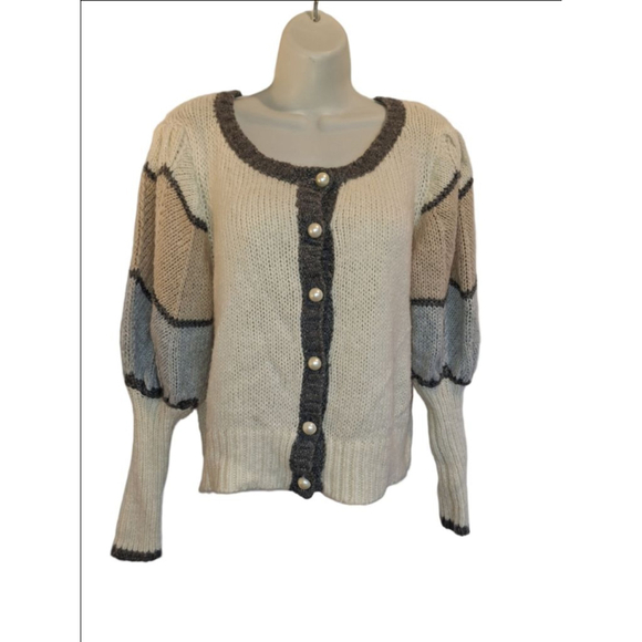 Venus L Cream Grey Patchwork Pearl Button fancy Boardroom.chic granny Cardigan - Picture 1 of 4
